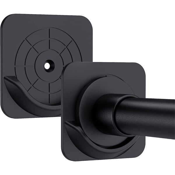 Close-up of Vidafelic 4 Pack Adhesive Shower Curtain Rod Mount Holders for Wall in black, securing a cylindrical tension rod, featuring a circular pattern on the mounting plates.
